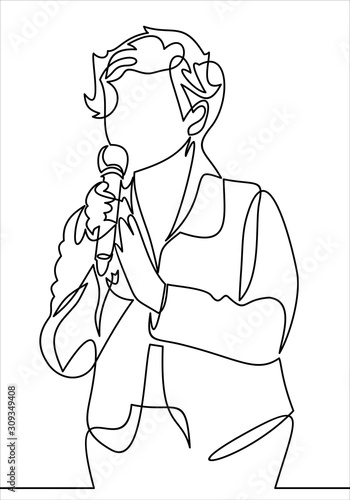 Business conference, business meeting.Woman at rostrum in front of audience. Public speaker giving a talk at conference hall- continuous line drawing
