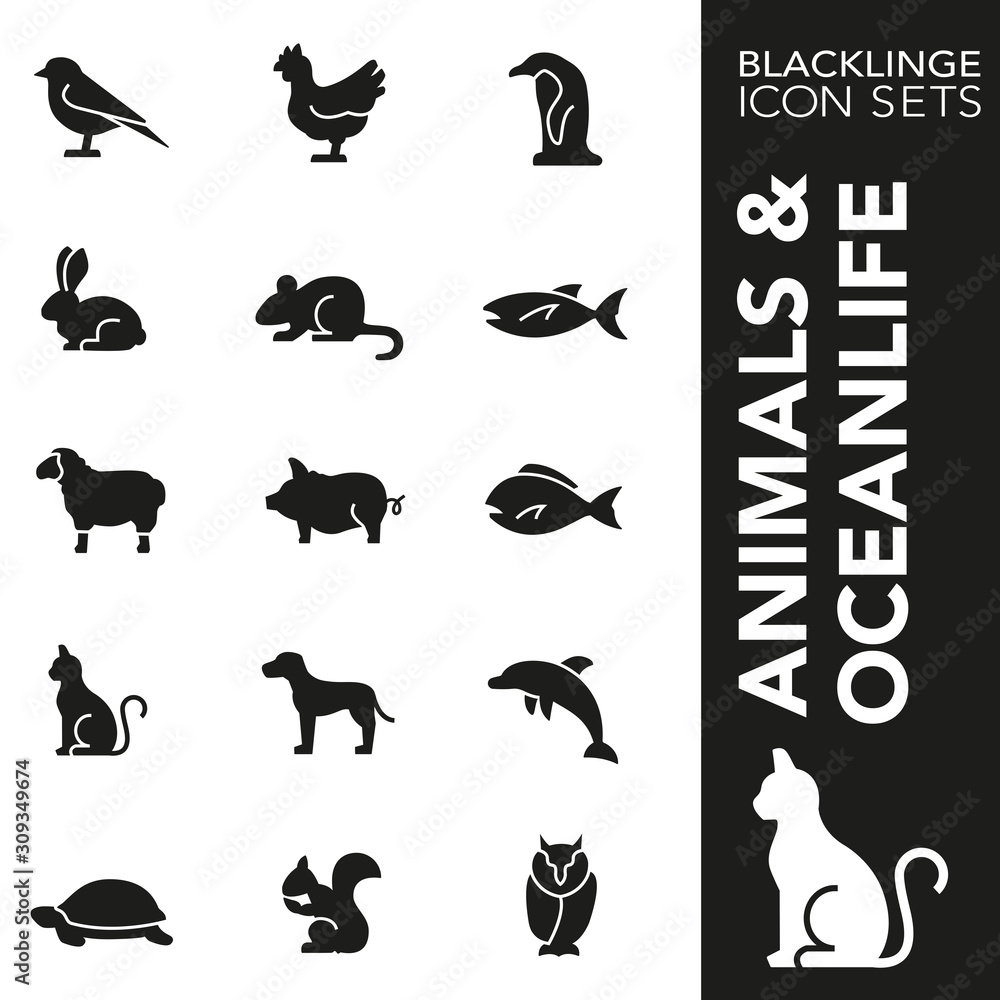 Naklejka premium High quality black and white icons of animals and oceanlife. Blacklinge are the best pictogram pack unique design for all dimensions and devices. Vector graphic, logo, symbol and website content.