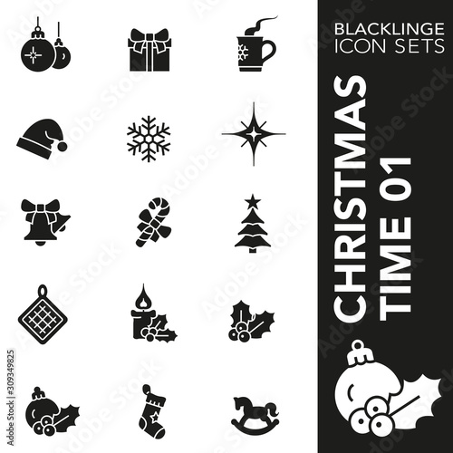 High quality black and white icons of christmas time. Blacklinge are the best pictogram pack unique design for all dimensions and devices. Vector graphic, logo, symbol and website content.