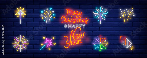 Firework neon sign set. Cracker, petard, explosion, sparkler. Vector illustration in neon style, bright banner for topics like New Year party, holiday, fun
