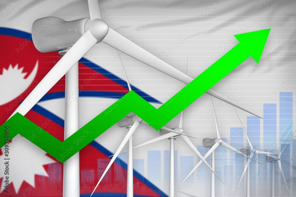 Fototapeta premium Nepal wind energy power rising chart, arrow up - environmental natural energy industrial illustration. 3D Illustration