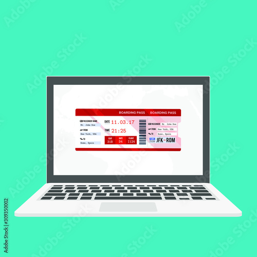 Laptop with electronic boarding pass airline ticket icon isolated on blue background. Passenger plane mobile ticket for web and app. Vector Illustration
