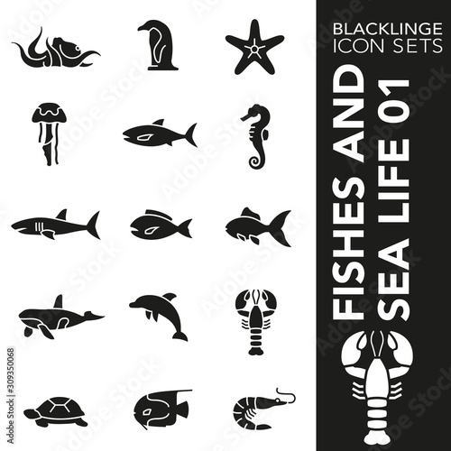 High quality black and white icons of fishes and sea life. Blacklinge are the best pictogram pack unique design for all dimensions and devices. Vector graphic, logo, symbol and website content.