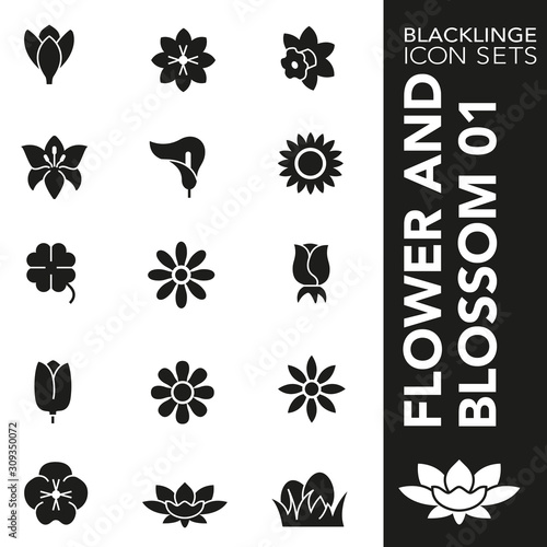 High quality black and white icons of flowers and blossom. Blacklinge are the best pictogram pack unique design for all dimensions and devices. Vector graphic, logo, symbol and website content.