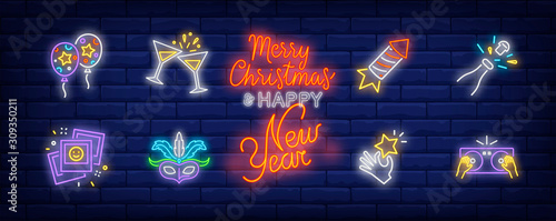 Party neon sign set. Air balloons, champagne, petard, DJ mixer. Vector illustration in neon style, bright banner for topics like New Year, holiday, festive event