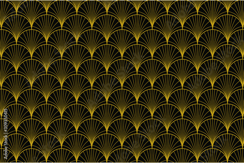 Palm leaf pattern on black background - art deco style - Abstract geometric vector pattern for textile, wrapping, product design. Vector illustration.