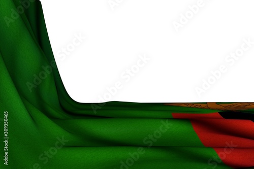 nice celebration flag 3d illustration. - isolated mockup of Zambia flag hangs diagonal on white with empty place for content photo