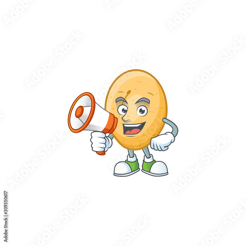 Smiling cartoon character of potato with megaphone