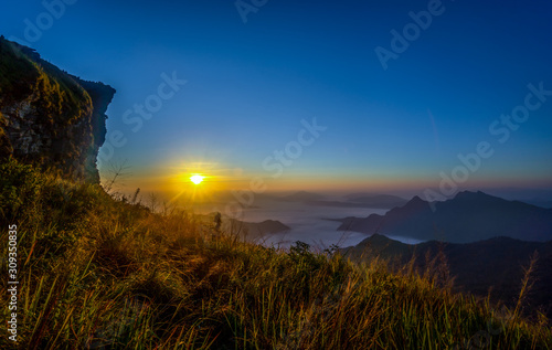 Sunrise and sea of mist, Mountain at Phu chee fa or Phu chi fa in Chiangrai province ,Thailand.