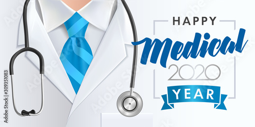 Happy new 2020 medical year! Elegant blue text and numbers on white doctor clothes background with stethoscope and blue necktie. Health care vector template