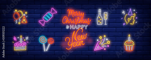 Birthday party neon sign set. Fizzy wine, balloons, hat, person, cake, firework. Vector illustration in neon style, bright banner for topics like holiday, festive event, celebration