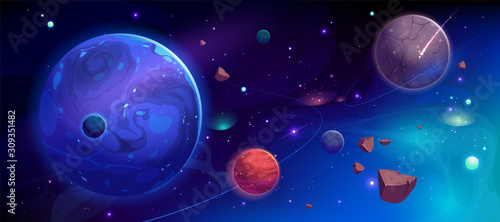 Planets in outer space with satellites, falling meteor and asteroids in dark starry sky. Galaxy, cosmos, universe futuristic fantasy view background for computer game. Cartoon vector illustration © vectorpouch