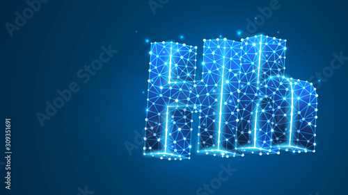 Alphabet letter H. Design of an Uppercase and lowercase letters. Banner, template or a pattern. Abstract digital wireframe, low poly mesh, Raster blue neon 3d illustration. Triangle, line, dot