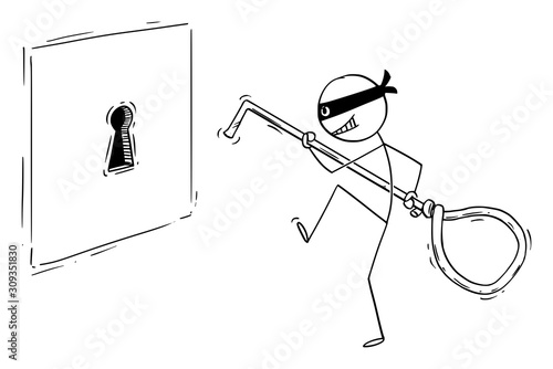 Vector cartoon stick figure drawing conceptual illustration of man in mask or criminal or thief sneaking to big keyhole with picklock, going to open the lock or and steal the money or information.