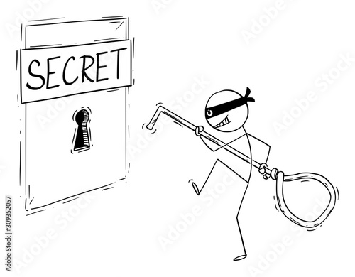 Vector cartoon stick figure drawing conceptual illustration of man in mask,criminal,thief or hacker sneaking to big keyhole with picklock, going to open the lock or and steal the secret information.
