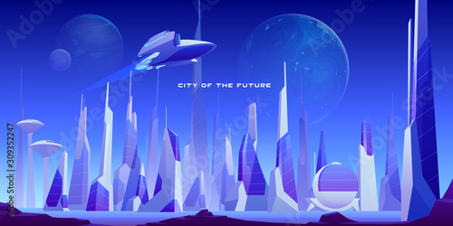 Urban landscape of future city with modern buildings, planets in night sky and flying spaceship. Vector futuristic cityscape with skyscrapers and rocket. Illustration of cyberpunk town