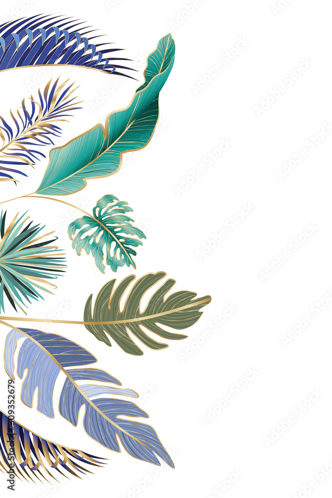 Isolated tropical green and blue leaves vector design