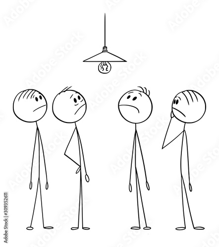 Vector cartoon stick figure drawing conceptual illustration of group of men or businessmen solving complex problem how to change malfunction light bulb.