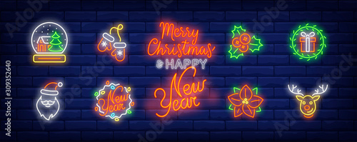 Christmas decoration neon sign set. Reindeer, Santa Claus, poinsettia, snow globe. Vector illustration in neon style, bright banner for topics like Xmas, December holidays, vacation