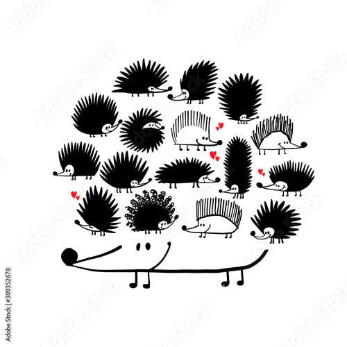 Funny hedgehog family, black silhouette for your design
