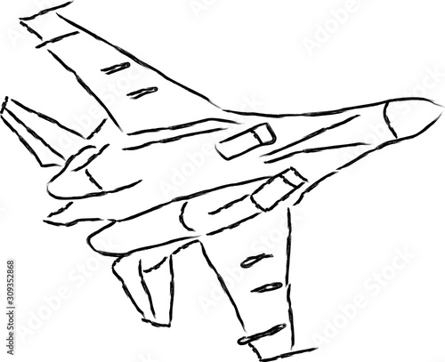 Vector outline illustration of a military aircraft. Sketch fighter