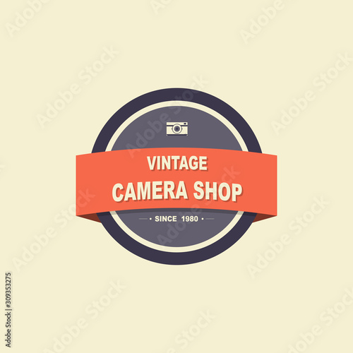 Vintage camera logo icon on light background for brand of cafe or restaurant.