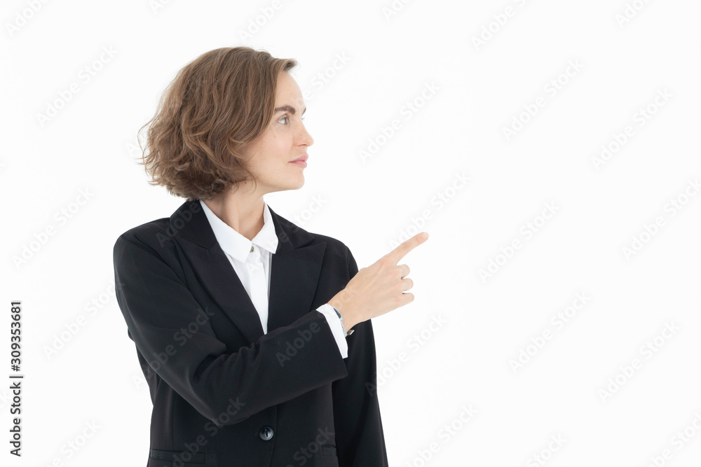 Portrait of young business woman pointing up to the right side, isolated on white background Portrait of young business woman pointing up to the right side, isolated on white background