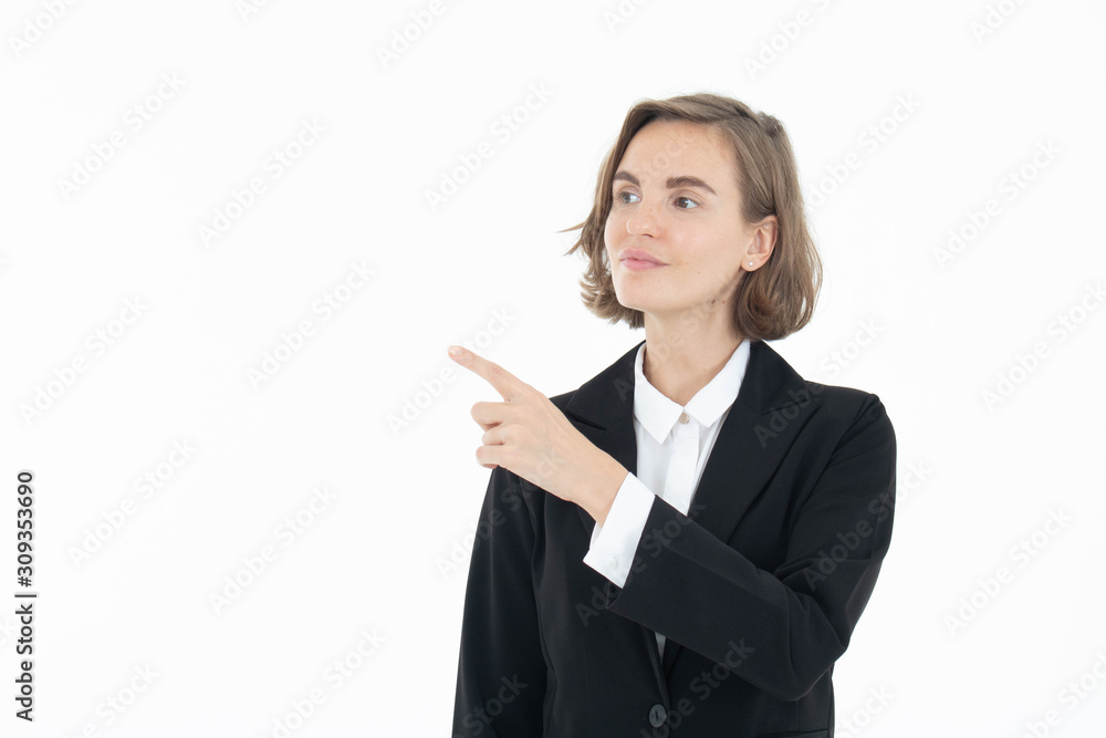 Portrait of young business woman pointing up to the right side, isolated on white background Portrait of young business woman pointing up to the right side, isolated on white background