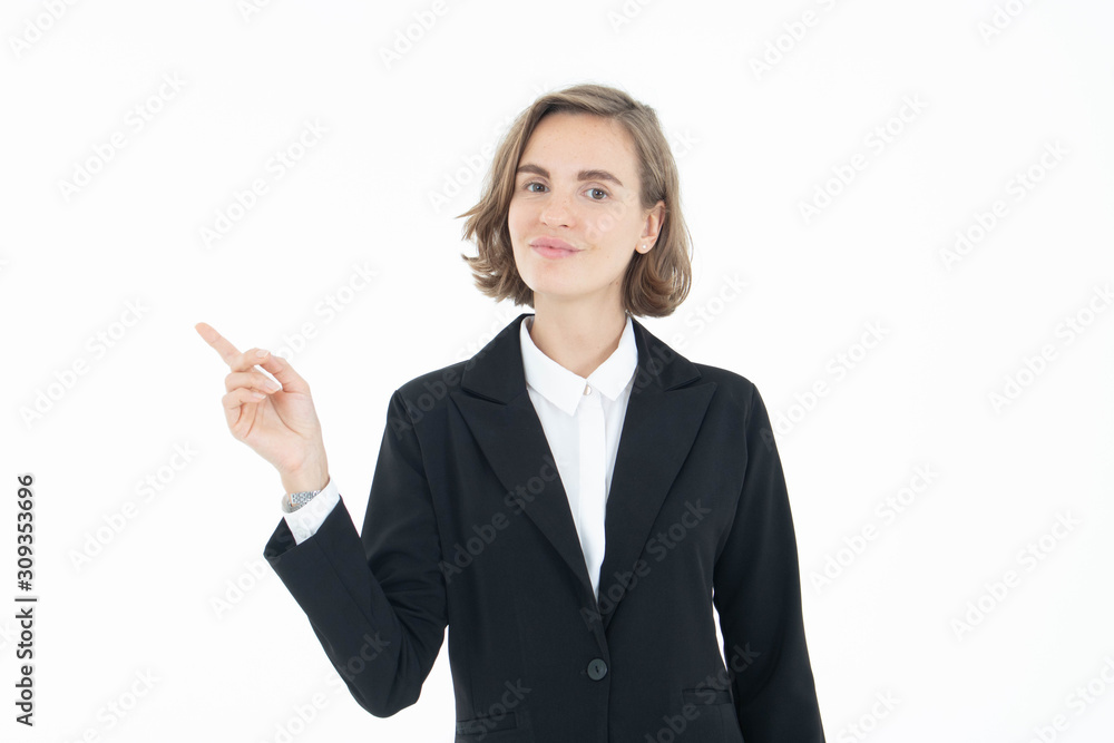 Portrait of young business woman pointing up to the right side, isolated on white background Portrait of young business woman pointing up to the right side, isolated on white background