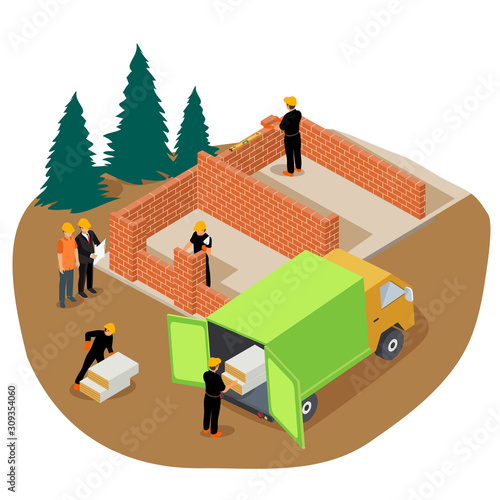 Vector isometric illustration of workers building a private brick house and unloading insulation from a truck