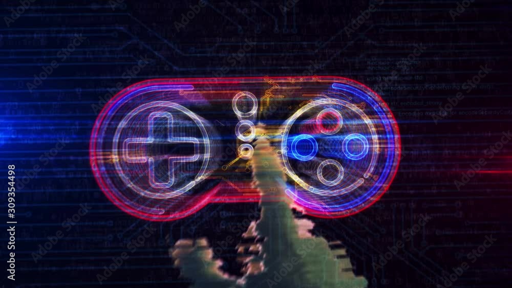 Cyber esport game symbol futuristic 3D rendering animation. Hand finger touch the screen and entry into cyberspace abstract concept of video gaming, digital play, entertainment  and sport.