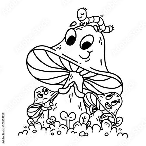 Cute cartoon mushrooms on green grass with caterpillar.