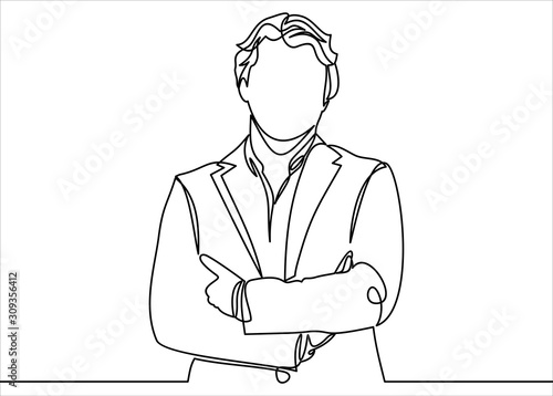 Businessman, Manager. A man in a business suit. Businessman folded his arms over his chest-continuous line drawing