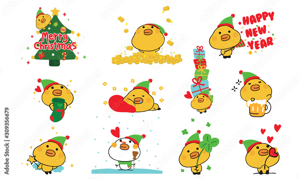 Fototapeta premium Cute duck cartoon set for christmas
