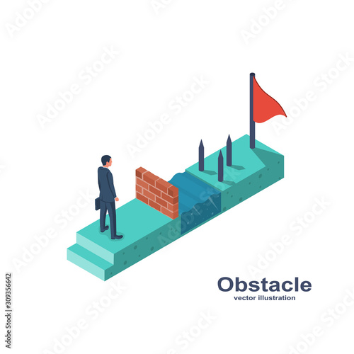 Businessman obstacle metaphor. Conquering adversity. Hurdle on way concept. Overcoming obstacle on road. Vector illustration 3d isometric design. Barrier on way to success. Flag to finish finish line.