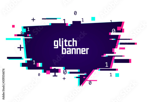 Vector Illustration Distorted Glitch Style Promotion Banner. Futuristic Cyber Effect Speech Bubble.