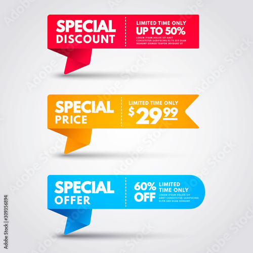 Vector Illustration Special Price Banner Collection. Colorful Discount Flag Set.