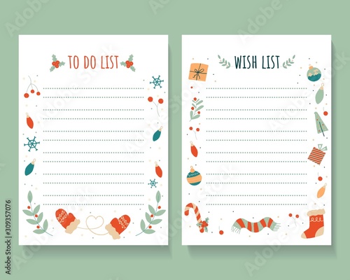 wish list templates decorated by Set of vintage Christmas and New year elements for greeting card. Hand-drawn doodles decoration, pattern, ornaments. Holidays to do list, check list for gifts