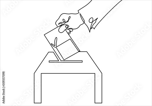 Vote line icon. Hand putting paper in the voting box-continuous line drawing