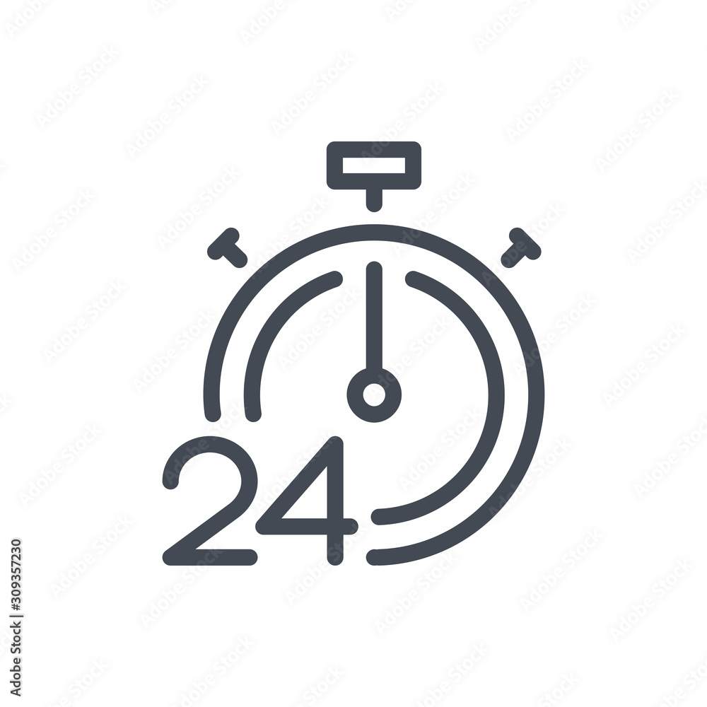 24 hours fast service line icon. Timer countdown with 24 vector outline sign. 24 hours fast service line icon. Timer countdown with 24 vector outline sign.