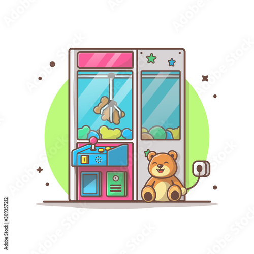 Claw Machine with Cute Teddy Bear Vector Illustration. Child Zone. Doll Icon. Playing Arcade. Coin. Winner. Flat Cartoon Style Suitable for Web Landing Page, Banner, Flyer, Sticker, Card, Background