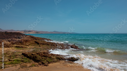 Costa Calma, a shallow-water pristine beach in the south-eastern part of the island, delighting tourists with great swimming and water sports opportunities, in Fuerteventura, Canary Islands, Spain