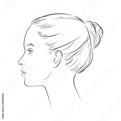 Vector woman face in profile. Portrait of girl looking side and front angles. line sketch isolated illustration on white.