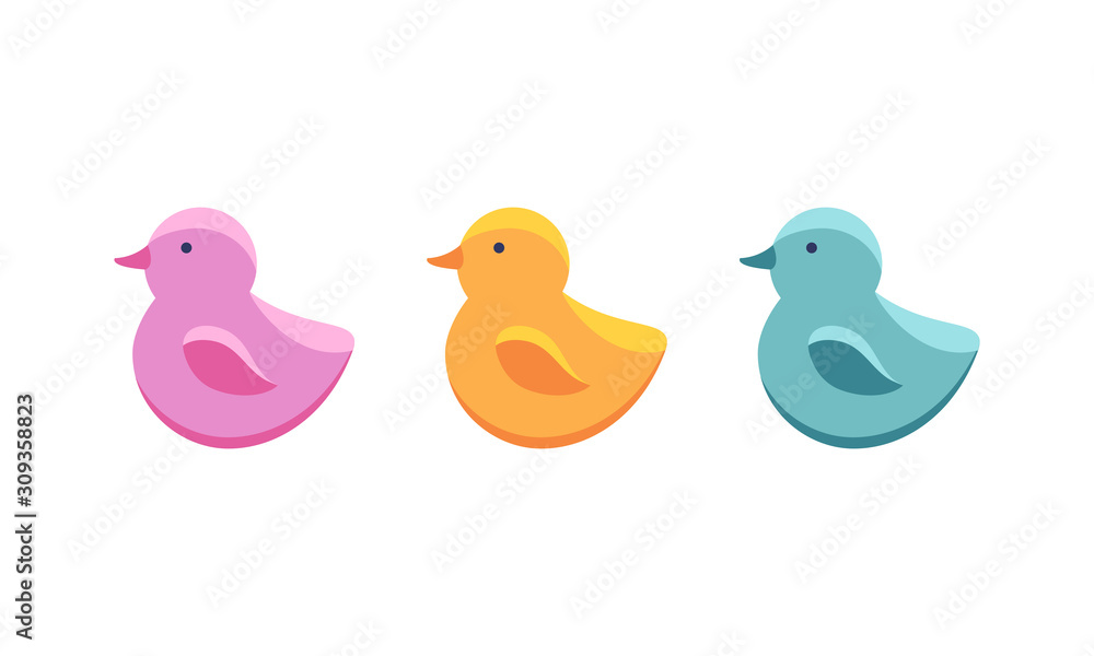 Set of rubber duck bath toy in flat style isolated on white background. Vector illustration. Cute baby bathing toy. Icon of children s toys in pink, yellow, blue.