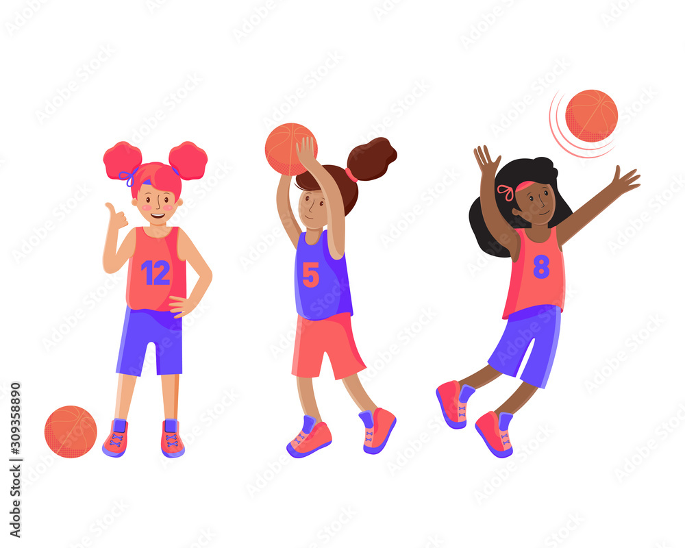 Set of girls basketball player with the ball. Child plays basketball. Colorful illustration in flat vector. Children s sport. Sports team games. Healthy Lifestyle. Games with the ball.