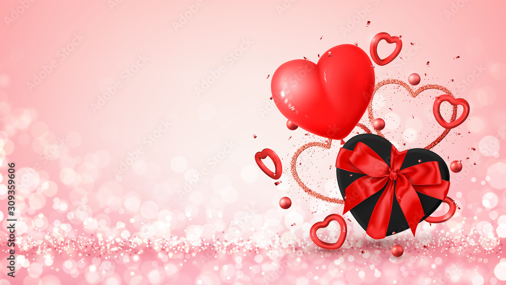 Happy Valentine's Day festive web banner. Vector illustration with realistic air balloon, black gift box, red hearts and confetti on pink background with effect bokeh. Festive greeting card.