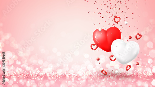 Happy Valentine's Day holiday banner. Vector illustration with realistic flying red and white hearts, balls and confetti on bright pink background with effect bokeh. Festive greeting card.
