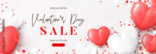 Valentine's Day sale horizontal banner. Vector illustration with realistic pink and white air balloons and confetti on white background. Holiday gift card. Promotion discount banner.