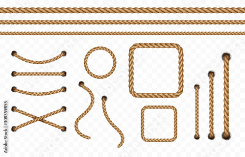 Rope frame set isolated on transparent background. Vector realistic texture jute, lace or cord with metallic holes. 3d fiber strings borders..