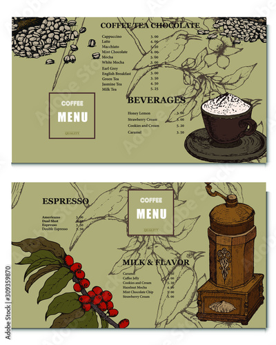 Coffee illustration. Hand drawn vector banner. Coffee beans, bag,   bird. Menu